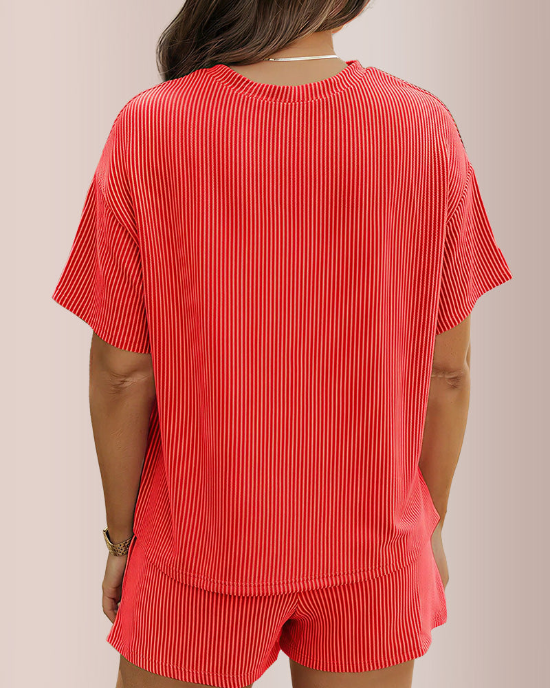 Curvvvy® Ribbed Knit 2-Piece Lounge Set Short Sleeve Top & Shorts