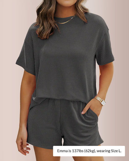 Curvvvy® Ribbed Knit 2-Piece Lounge Set Short Sleeve Top & Shorts