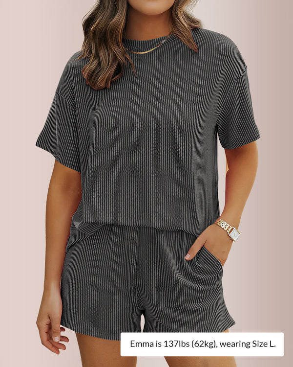 Curvvvy® Ribbed Knit 2-Piece Lounge Set Short Sleeve Top & Shorts