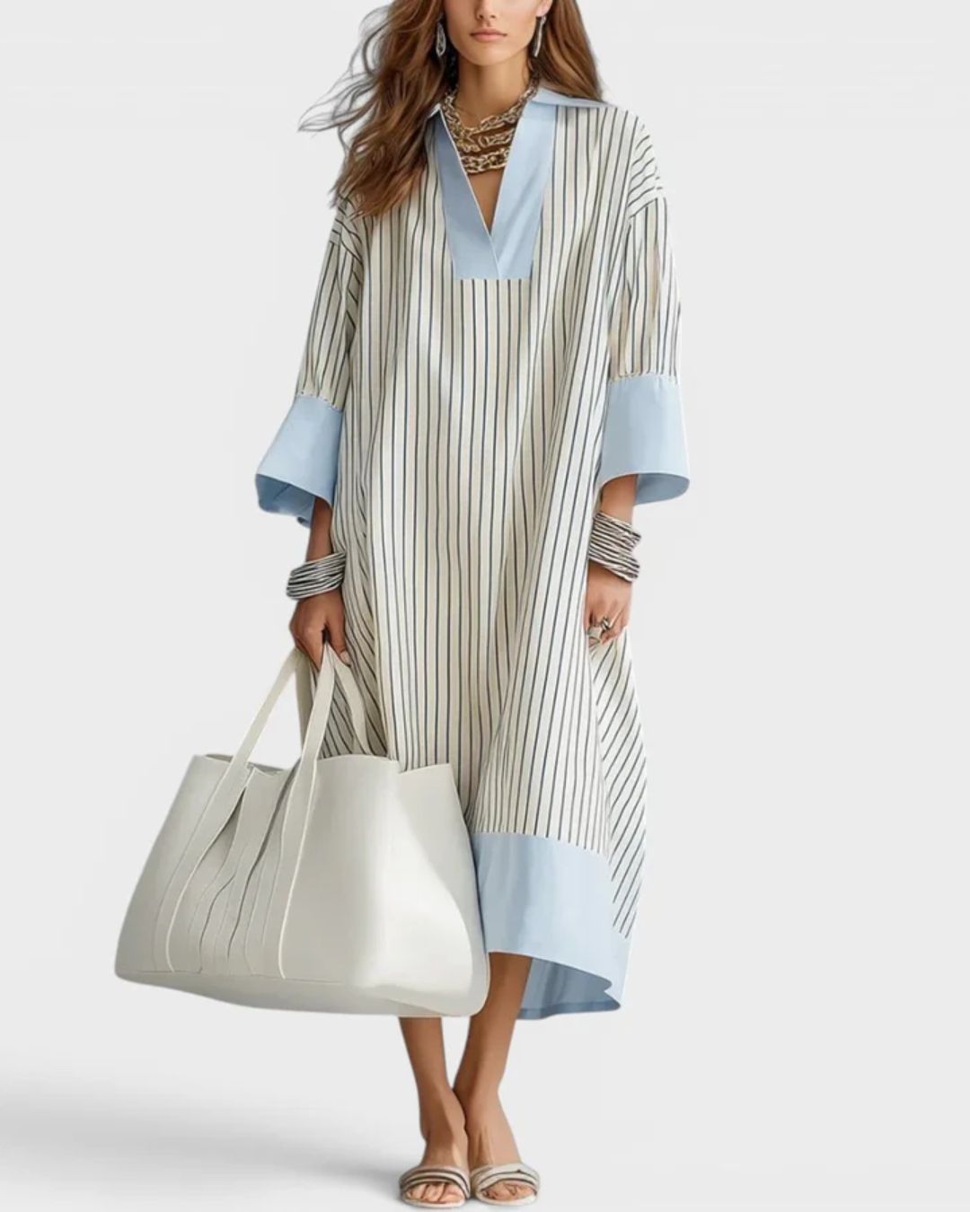 Curvvvy® Elegant Striped Midi Dress Deep V-Neck Contrast Cuff Flowy Relaxed Fit Summer Dress