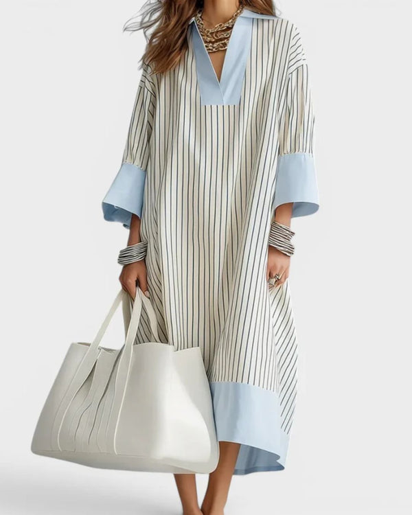 Curvvvy® Elegant Striped Midi Dress Deep V-Neck Contrast Cuff Flowy Relaxed Fit Summer Dress