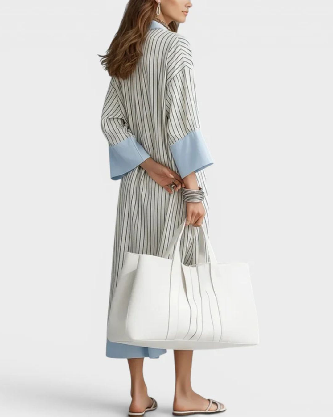 Curvvvy® Elegant Striped Midi Dress Deep V-Neck Contrast Cuff Flowy Relaxed Fit Summer Dress