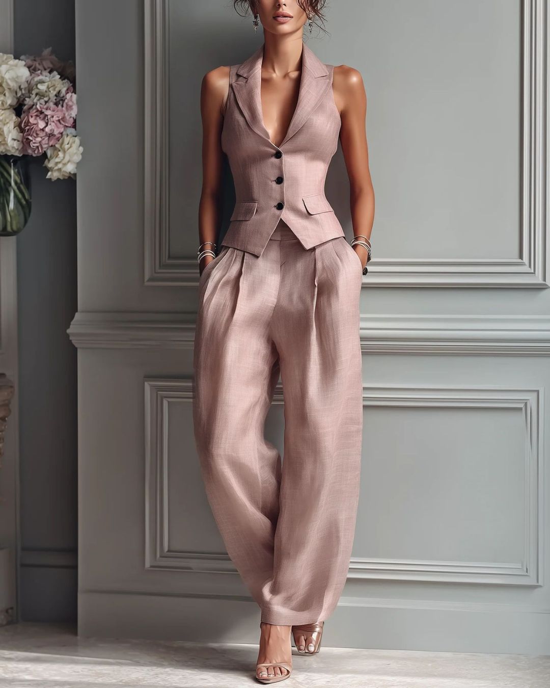 Curvvvy® Tailored Waistcoat and Pleated Wide Leg Pants Set Structured Two-Piece Elegant Work Outfit