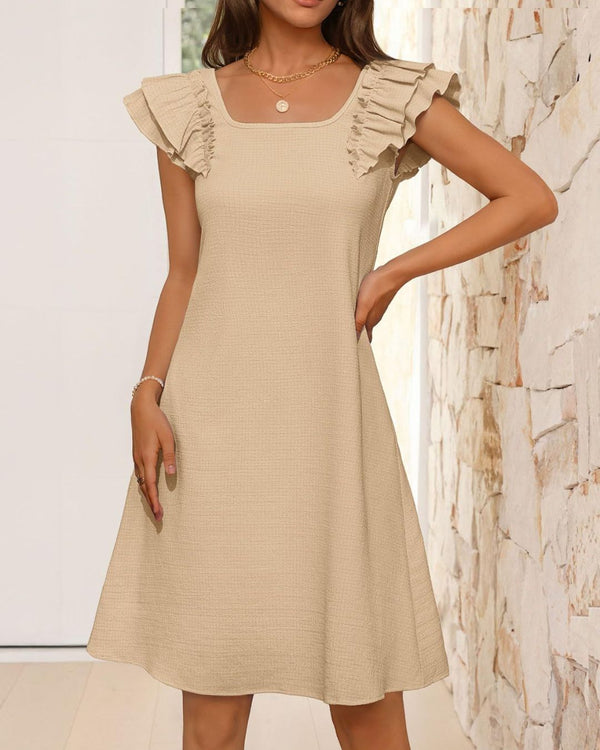 Curvvvy® Ruffle Sleeve Bow Square Neck Casual Cute Shift Sundress