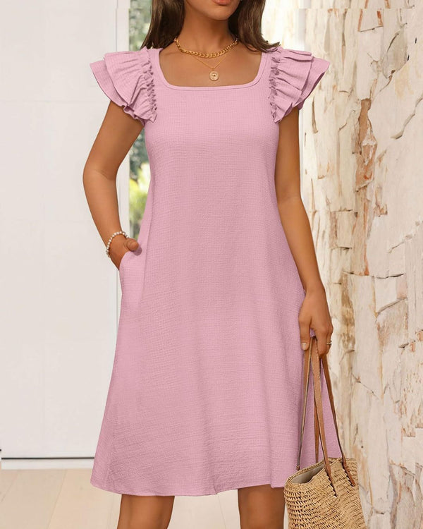 Curvvvy® Ruffle Sleeve Bow Square Neck Casual Cute Shift Sundress