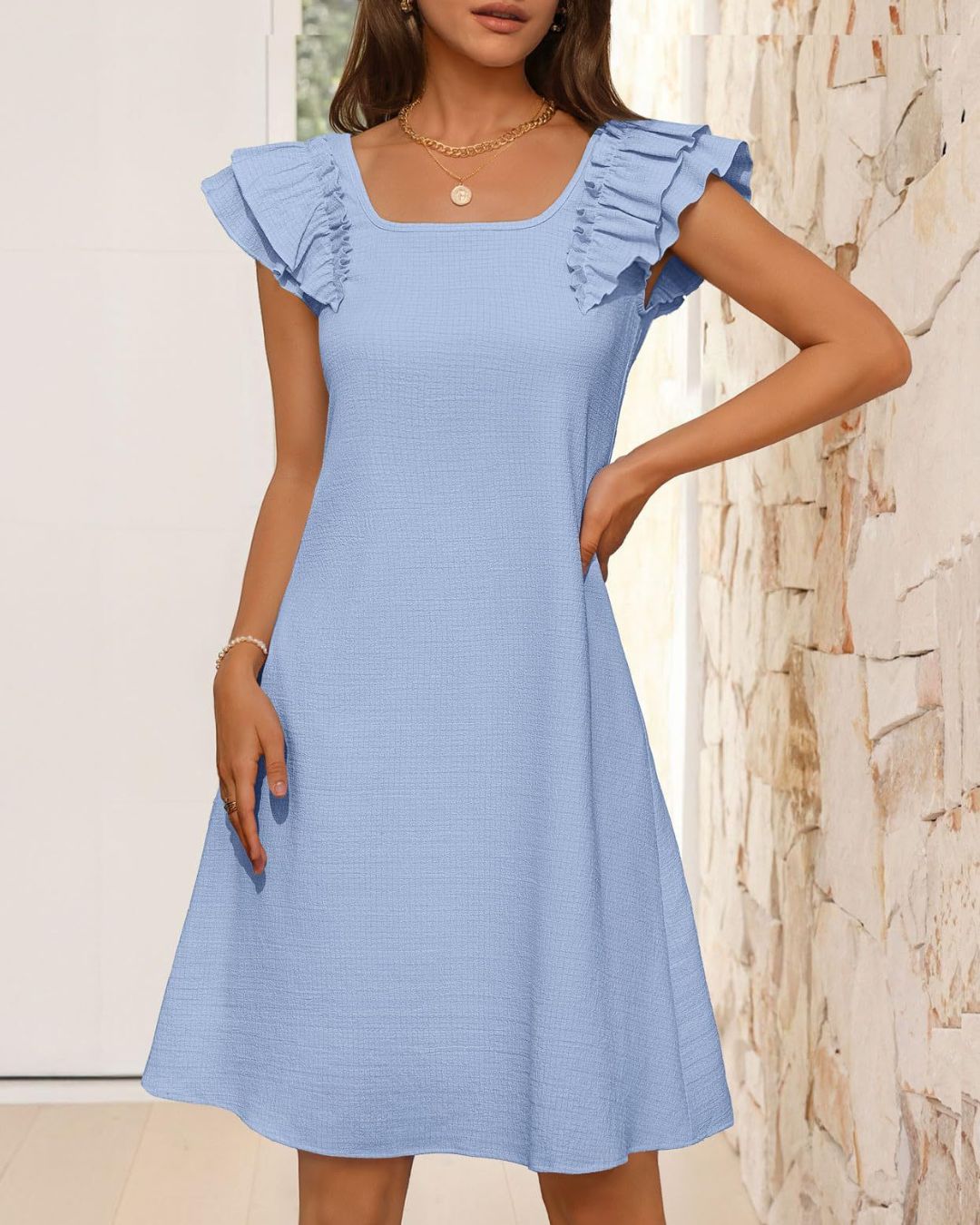 Curvvvy® Ruffle Sleeve Bow Square Neck Casual Cute Shift Sundress