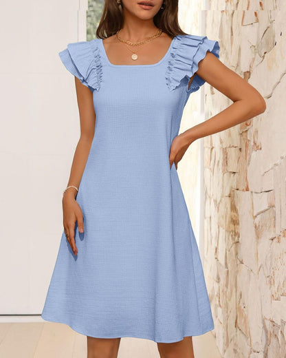 Curvvvy® Ruffle Sleeve Bow Square Neck Casual Cute Shift Sundress