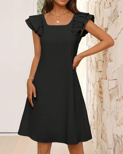 Curvvvy® Ruffle Sleeve Bow Square Neck Casual Cute Shift Sundress