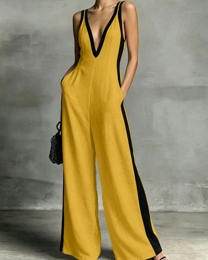 Curvvvy® Monochrome Stripe Jumpsuit Deep V-Neck Wide Leg Elegant Tailored Outfit