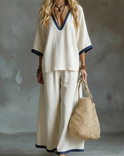 Curvvvy® Coastal Muse Two-Piece Set Deep V Contrast Trim Relaxed Fit Set