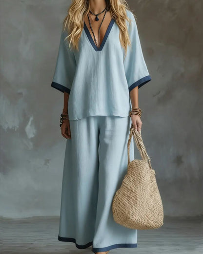 Curvvvy® Coastal Muse Two-Piece Set Deep V Contrast Trim Relaxed Fit Set