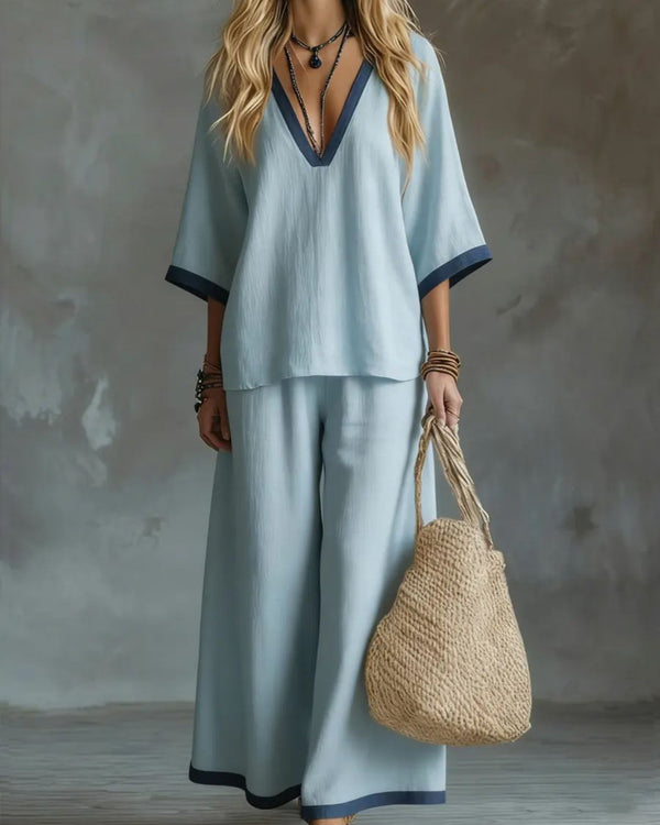 Curvvvy® Coastal Muse Two-Piece Set Deep V Contrast Trim Relaxed Fit Set