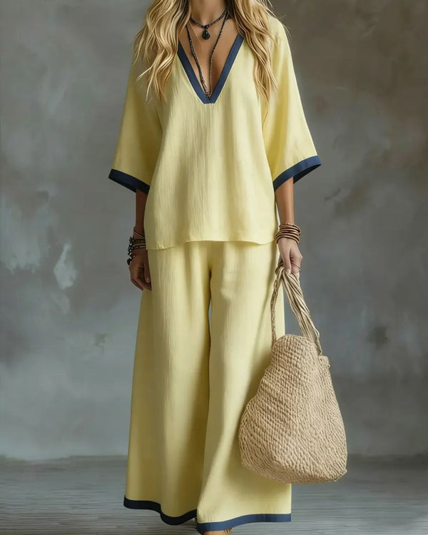 Curvvvy® Coastal Muse Two-Piece Set Deep V Contrast Trim Relaxed Fit Set