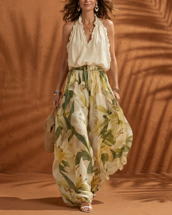 Curvvvy® Solange Halter Neck Blouse and Floral Wide Leg Pants Set Boho Chiffon Two-Piece Outfit