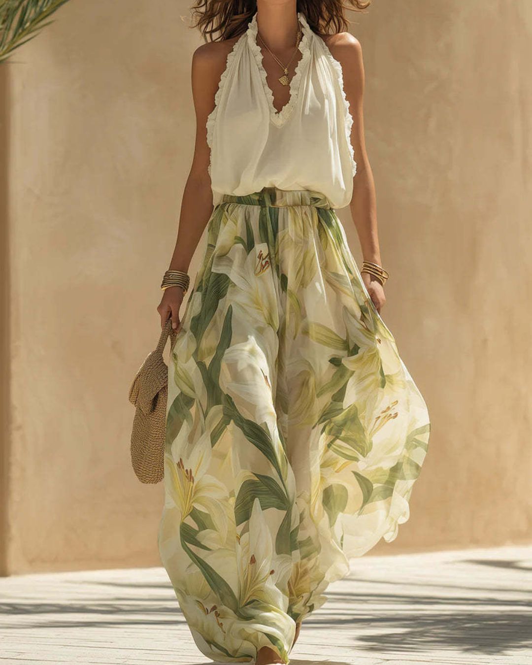 Curvvvy® Solange Halter Neck Blouse and Floral Wide Leg Pants Set Boho Chiffon Two-Piece Outfit