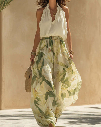 Curvvvy® Solange Halter Neck Blouse and Floral Wide Leg Pants Set Boho Chiffon Two-Piece Outfit