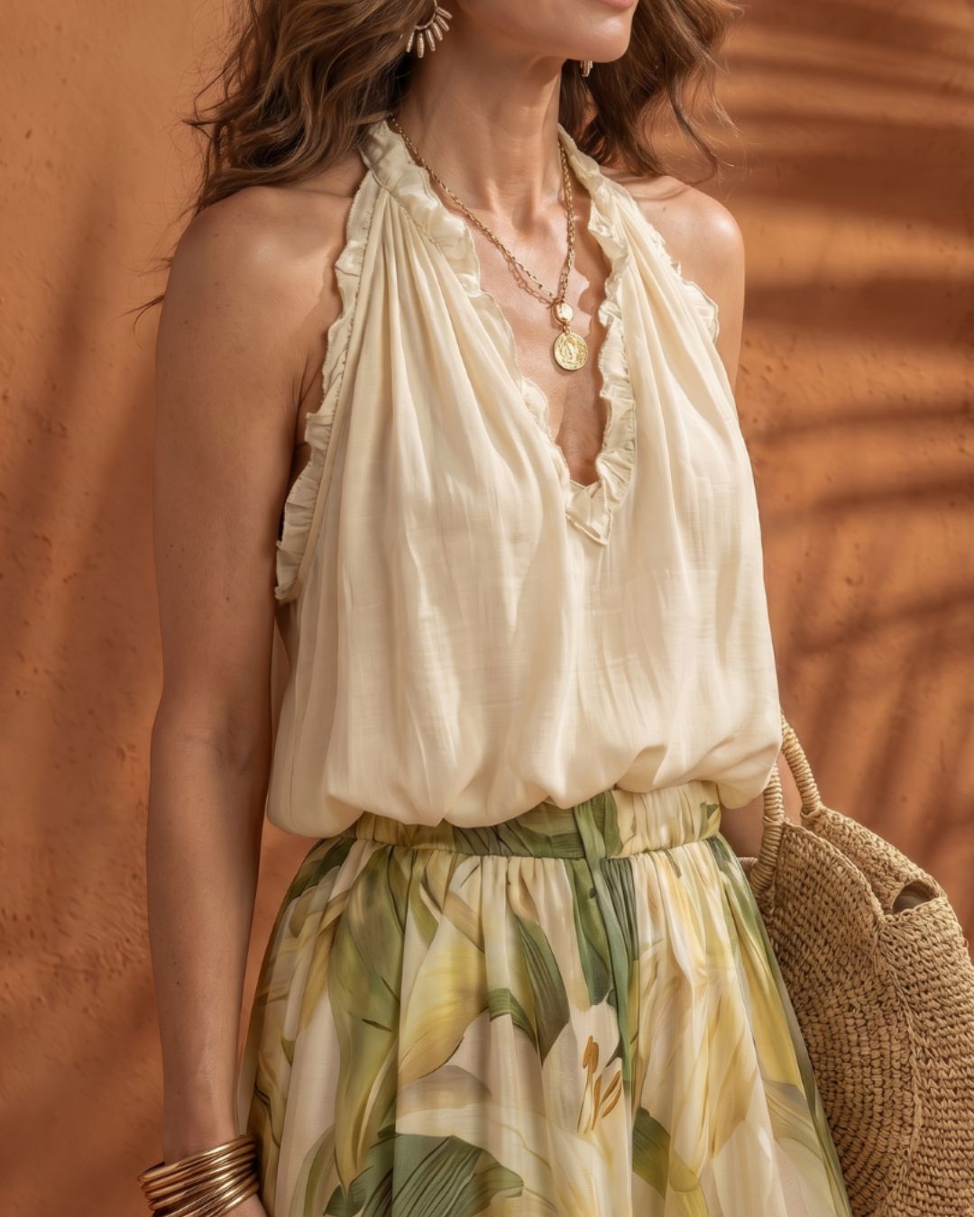 Curvvvy® Solange Halter Neck Blouse and Floral Wide Leg Pants Set Boho Chiffon Two-Piece Outfit