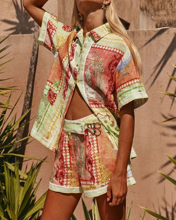 Curvvvy® Vintage Oil Painting Print Shirt Set High Waisted Asymmetric Wrap Belt