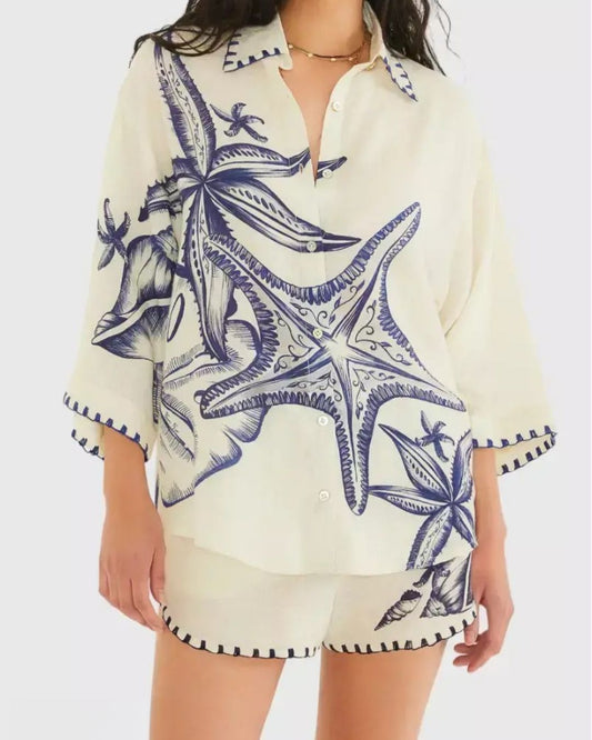 Curvvvy® Seashell Print Shirt & Shorts Set
