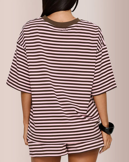 Curvvvy® Oversized Tee & Drawstring Shorts Striped Lounge Set