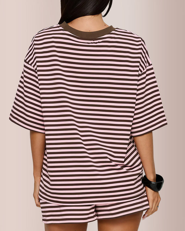 Curvvvy® Oversized Tee & Drawstring Shorts Striped Lounge Set