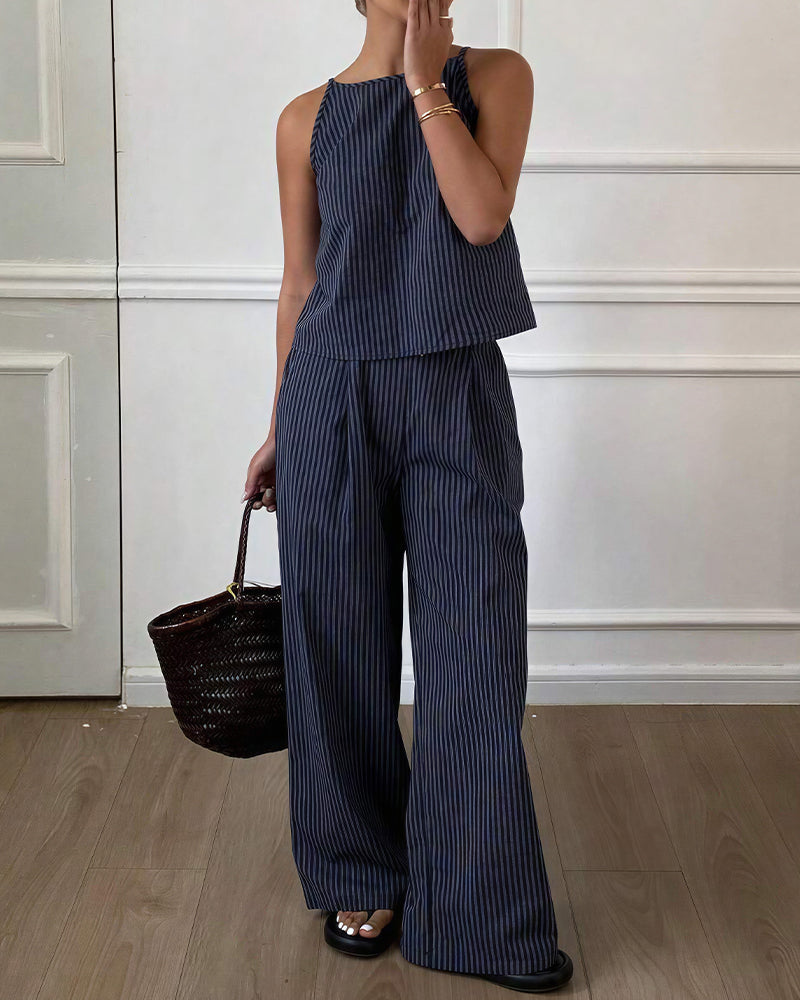 Curvvvy® Minimalist Striped Drawstring Halter Top & Wide Leg Pants Set