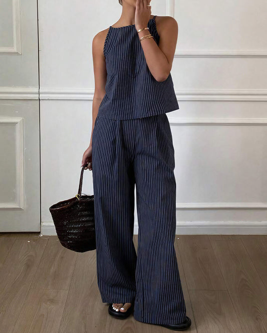 Curvvvy® Minimalist Striped Drawstring Halter Top & Wide Leg Pants Set