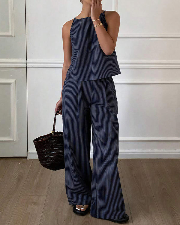 Curvvvy® Minimalist Striped Drawstring Halter Top & Wide Leg Pants Set