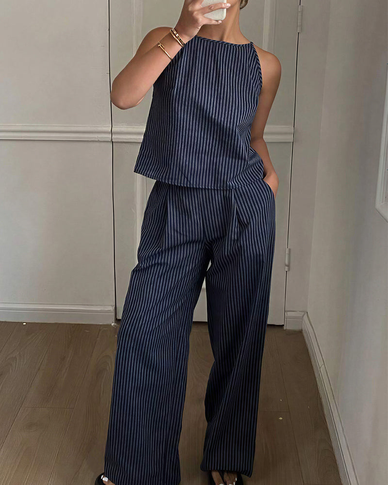 Curvvvy® Minimalist Striped Drawstring Halter Top & Wide Leg Pants Set