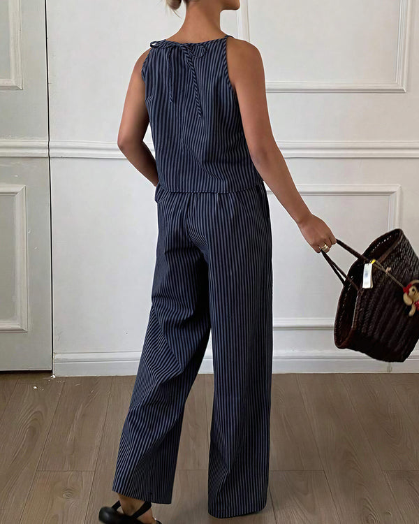 Curvvvy® Minimalist Striped Drawstring Halter Top & Wide Leg Pants Set