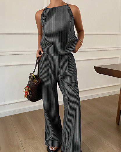 Curvvvy® Minimalist Striped Drawstring Halter Top & Wide Leg Pants Set