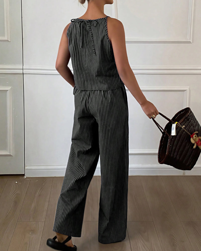 Curvvvy® Minimalist Striped Drawstring Halter Top & Wide Leg Pants Set