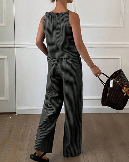 Curvvvy® Minimalist Striped Drawstring Halter Top & Wide Leg Pants Set