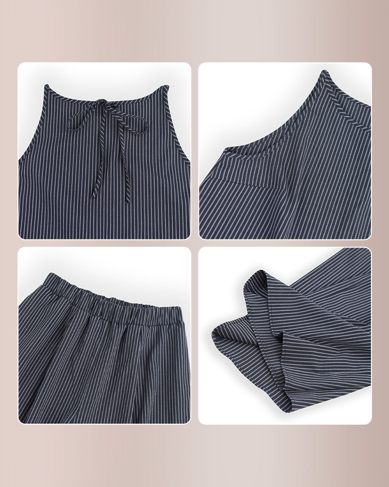 Curvvvy® Minimalist Striped Drawstring Halter Top & Wide Leg Pants Set