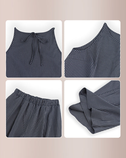 Curvvvy® Minimalist Striped Drawstring Halter Top & Wide Leg Pants Set