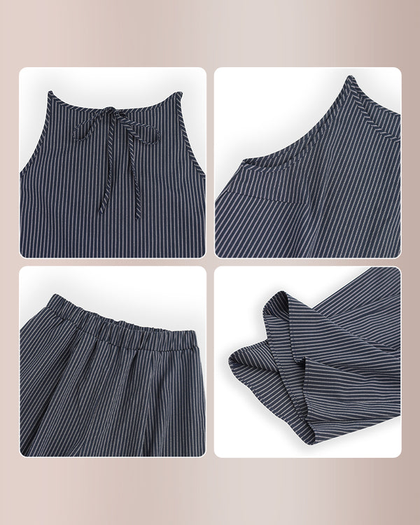 Curvvvy® Minimalist Striped Drawstring Halter Top & Wide Leg Pants Set