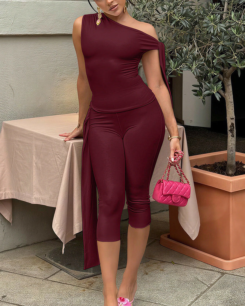 Curvvvy® Asymmetrical Drape Top & Capri Leggings Two-Piece Set