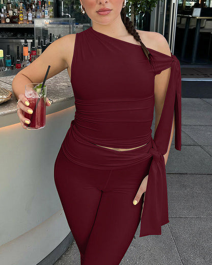 Curvvvy® Asymmetrical Drape Top & Capri Leggings Two-Piece Set