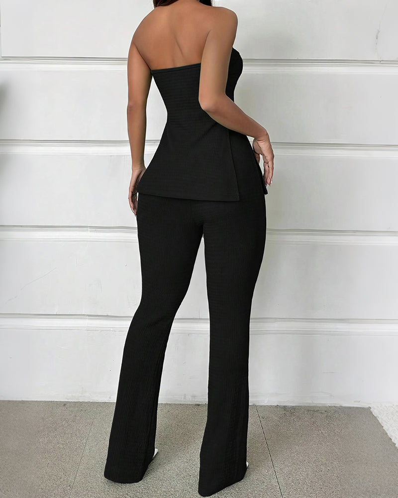 Curvvvy® Textured Knit Strapless Slit Top & High-Waist Flare Pants Set