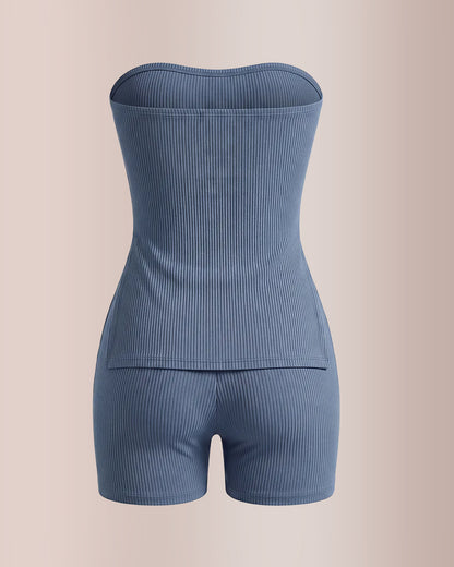 Curvvvy® Ribbed Strapless Split Tube Top and Shorts Two-Piece Set
