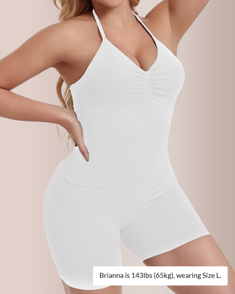 Curvvvy® Halter Neck Seamless Activewear Set with Built-in Bra & Scrunch Shorts