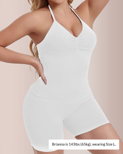 Curvvvy® Halter Neck Seamless Activewear Set with Built-in Bra & Scrunch Shorts