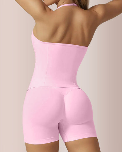 Curvvvy® Halter Neck Seamless Activewear Set with Built-in Bra & Scrunch Shorts