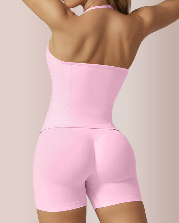 Curvvvy® Halter Neck Seamless Activewear Set with Built-in Bra & Scrunch Shorts