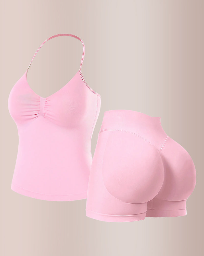 Curvvvy® Halter Neck Seamless Activewear Set with Built-in Bra & Scrunch Shorts