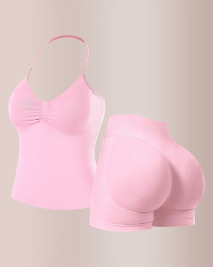 Curvvvy® Halter Neck Seamless Activewear Set with Built-in Bra & Scrunch Shorts