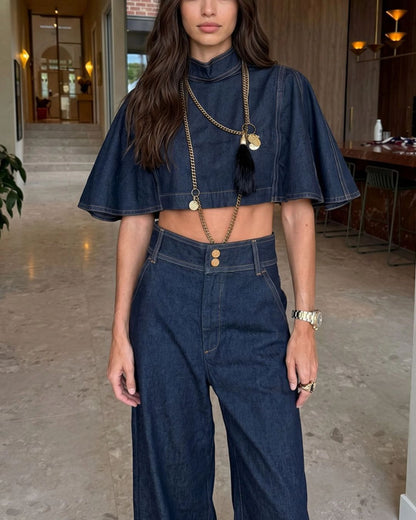 Curvvvy® Modern Denim Capelet & High-Waist Tapered Pants Two-Piece Set