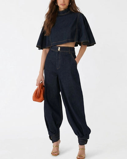 Curvvvy® Modern Denim Capelet & High-Waist Tapered Pants Two-Piece Set