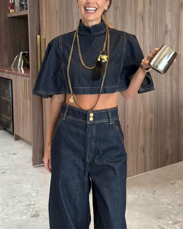 Curvvvy® Modern Denim Capelet & High-Waist Tapered Pants Two-Piece Set