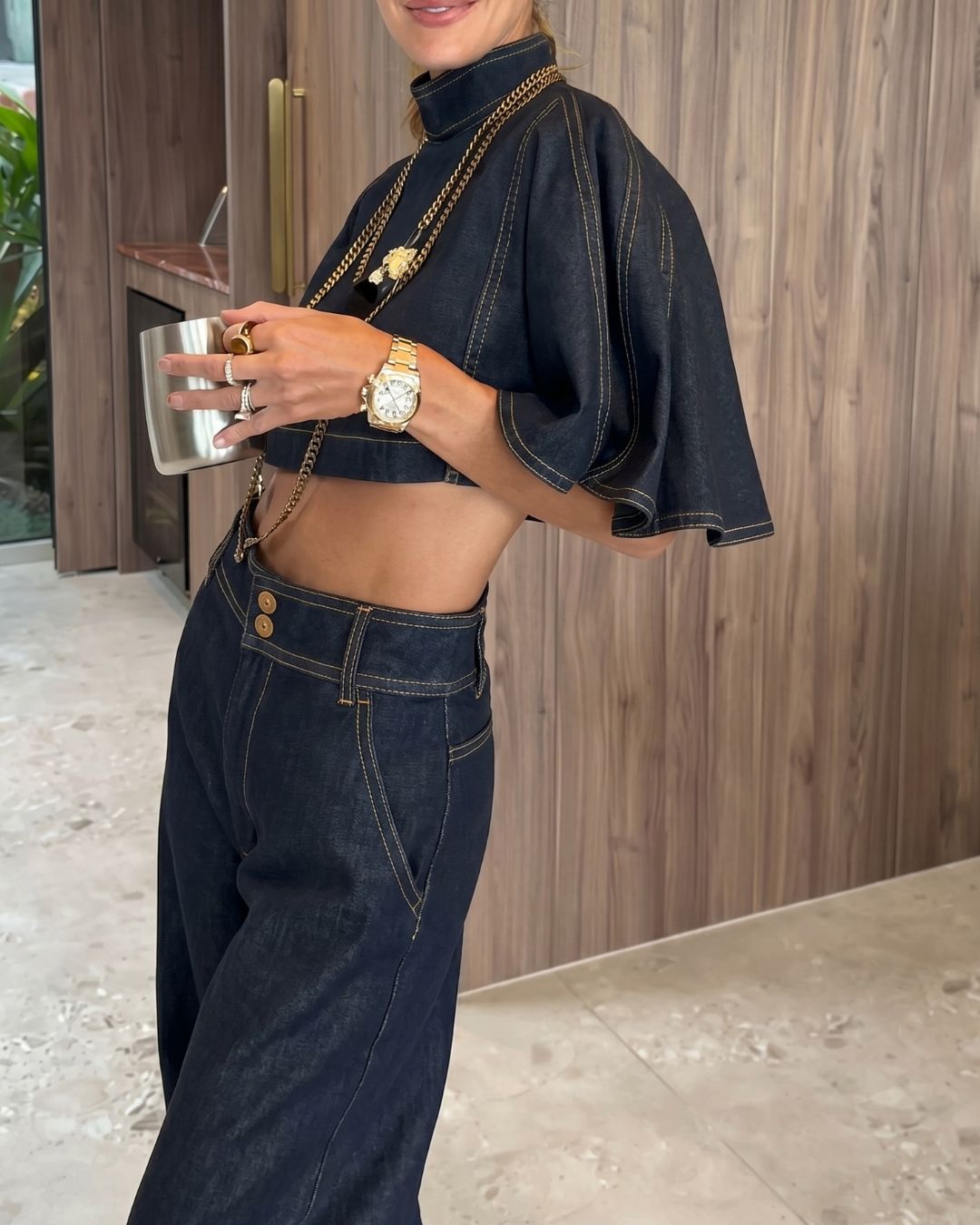 Curvvvy® Modern Denim Capelet & High-Waist Tapered Pants Two-Piece Set